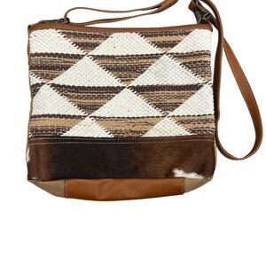 Myra Bag Brown and White Woven Geometric Crossbody Western Boho